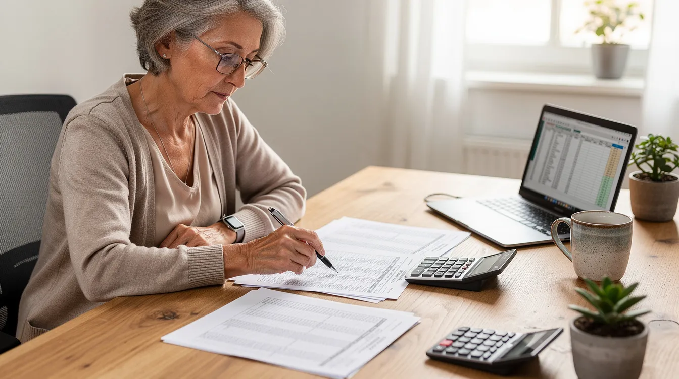 An older woman is seated at a desk, carefully reviewing financial documents while a calculator rests beside her. The scene suggests she is evaluating her retirement accounts, possibly considering factors like taxable income and the implications of being a sole primary beneficiary for her deceased spouse's IRA.