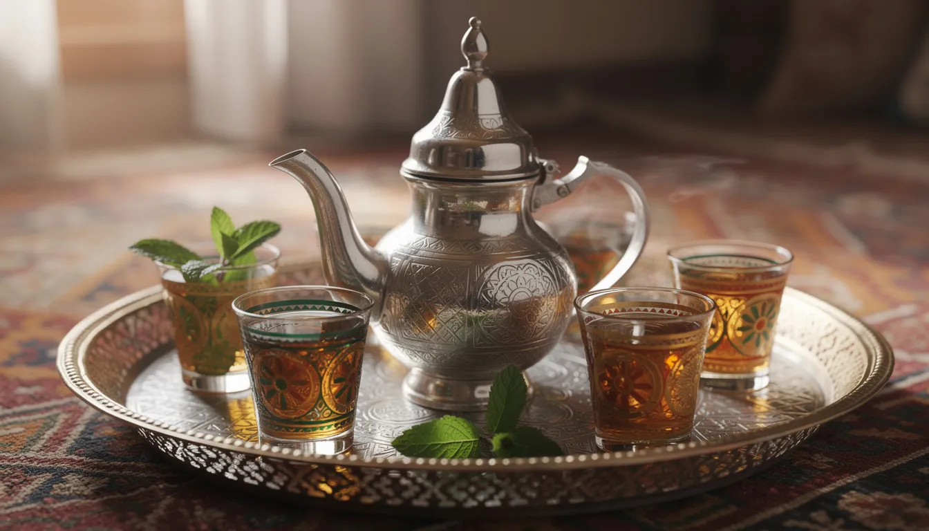 A traditional Moroccan tea pot sits elegantly on a decorative tray, accompanied by ornate glasses filled with sweet mint tea and fresh mint leaves, capturing the essence of Morocco's rich local culture. This inviting setup reflects the warm hospitality often experienced during a visit to Morocco, especially in its imperial cities.