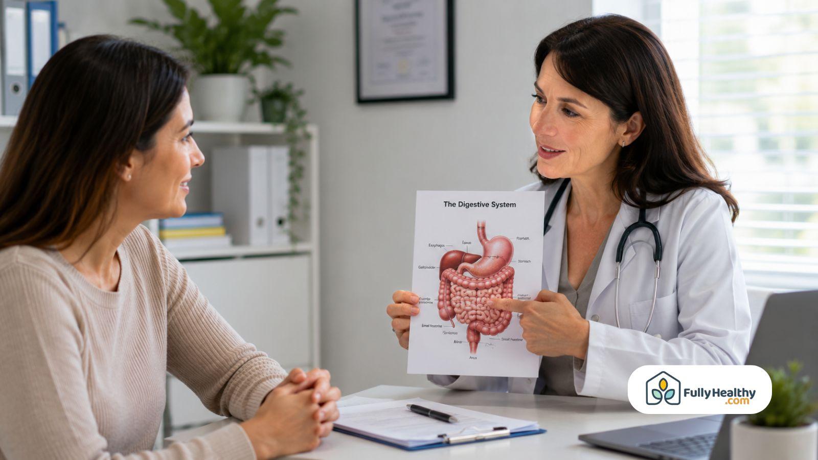Doctor explaining digestive system to patient during nutrition consultation for digestive health
