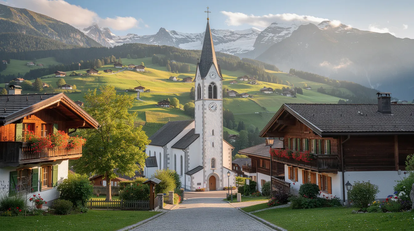 The image depicts a picturesque Swiss mountain village featuring a charming church steeple, surrounded by lush green valleys, with the majestic mountains in the background. This serene landscape represents the beauty of Switzerland, a country known for its stunning natural scenery and rich culture.