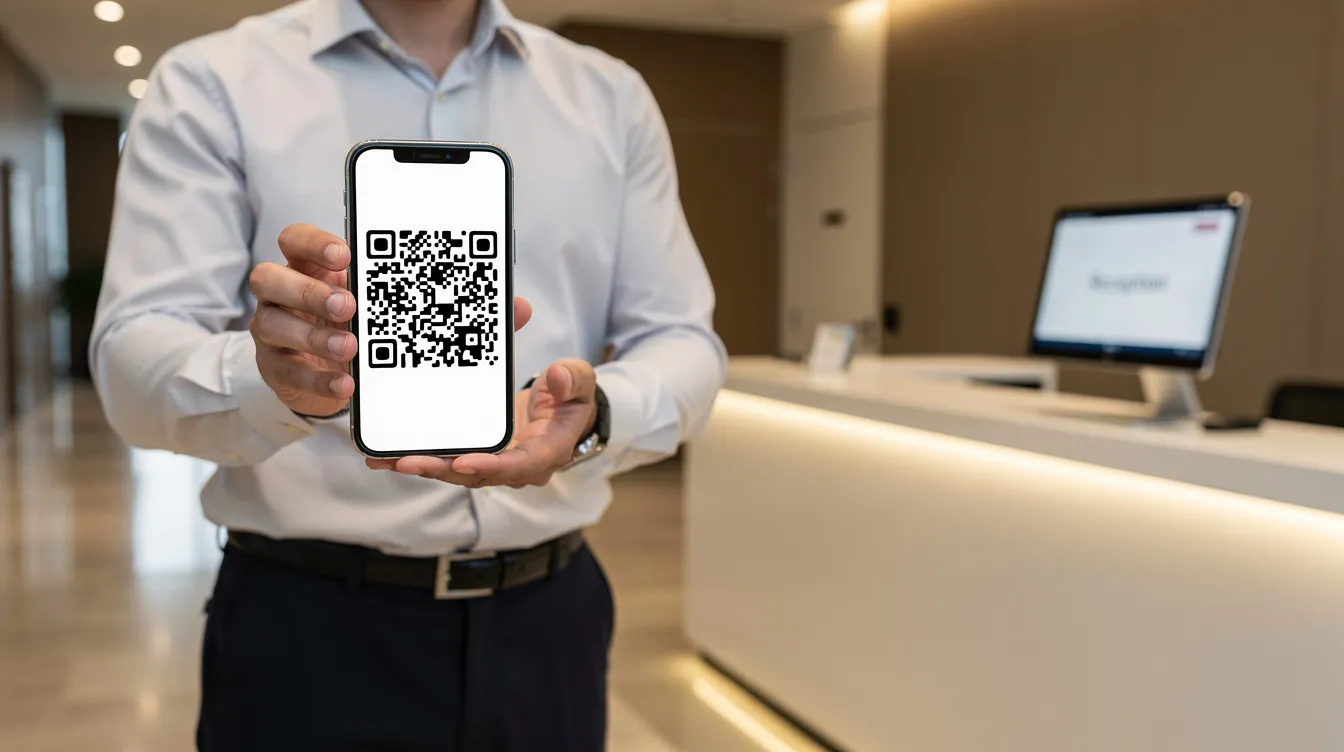 A person is standing near a reception desk, holding a smartphone that displays a QR code on the screen, which may be related to their UK visa application or immigration status. The setting suggests a service environment where individuals can access information regarding UK visas and immigration.