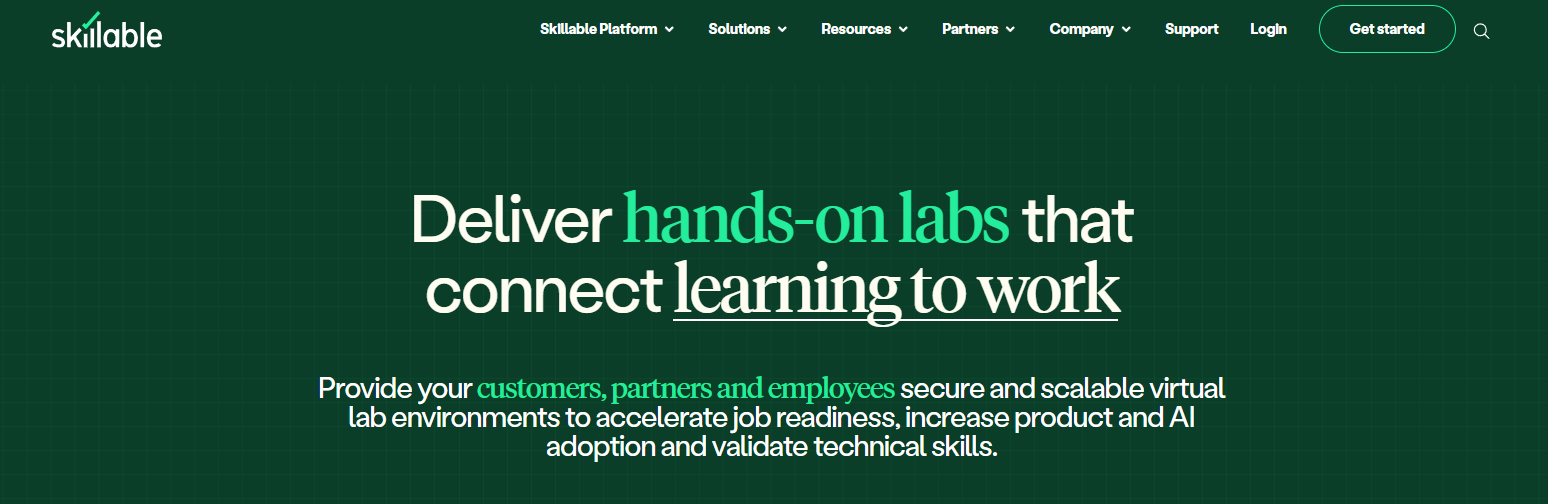 Skillable homepage featuring hands-on virtual labs for technical training, skill development, and scalable IT learning experiences.