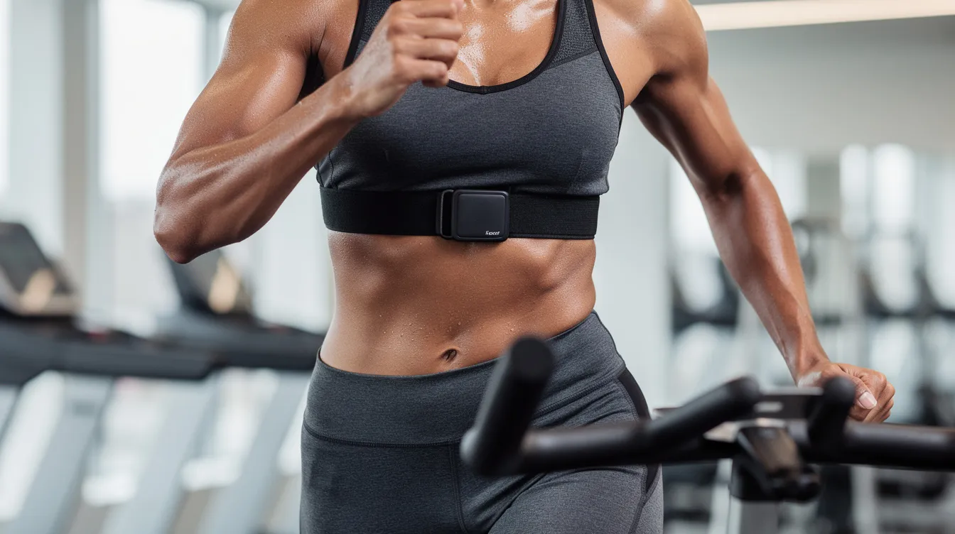 A person is wearing a chest strap heart rate monitor while exercising, indicating a focus on measuring heart rate variability (HRV) and overall health. This device helps assess autonomic nervous system function and can provide insights into cardiovascular health and fitness levels.