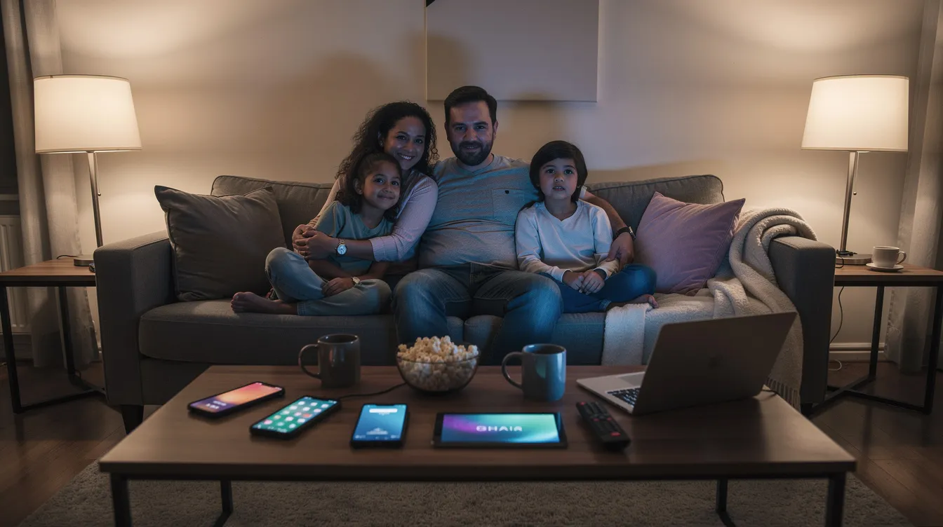 Una familia se sienta en un cómodo sofá mientras ve televisión, rodeada de varios dispositivos sobre la mesa, incluyendo un set top box para servicios de IPTV. La escena refleja un ambiente acogedor donde disfrutan de su contenido favorito en streaming.