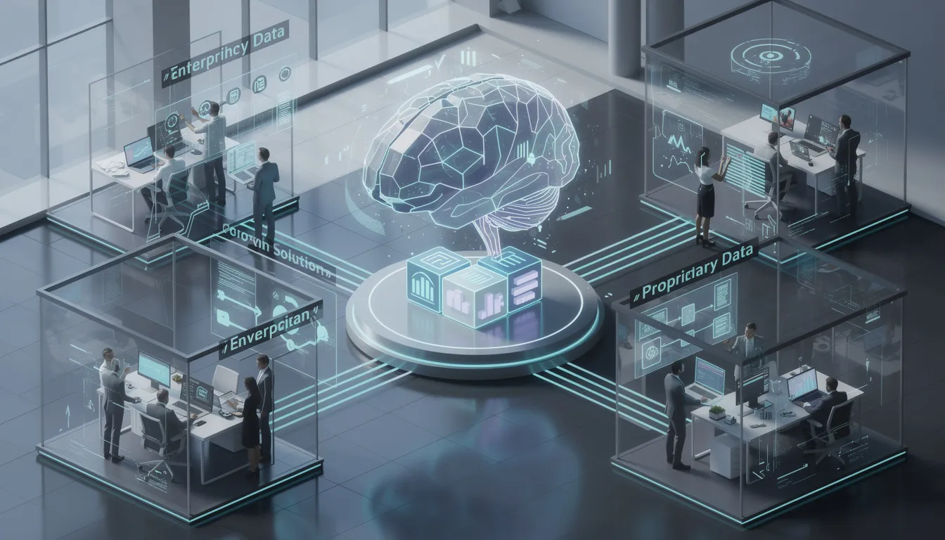 The image illustrates the concept of generative AI, showcasing various applications across industries, including the use of generative AI models and large language models to enhance business processes. It highlights the integration of enterprise and proprietary data, emphasizing the role of deep learning and machine learning models in creating customized solutions without the need for expensive retraining.