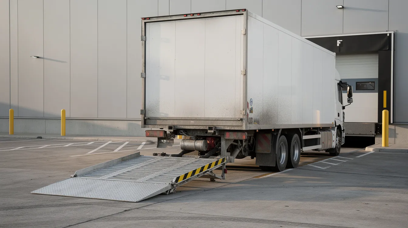 The image shows a transport truck with its hydraulic lift gate lowered to ground level, ready for loading or unloading vehicles. This setup is ideal for safely transporting inoperable vehicles, such as non-running cars, using specialized equipment designed for auto transport services.