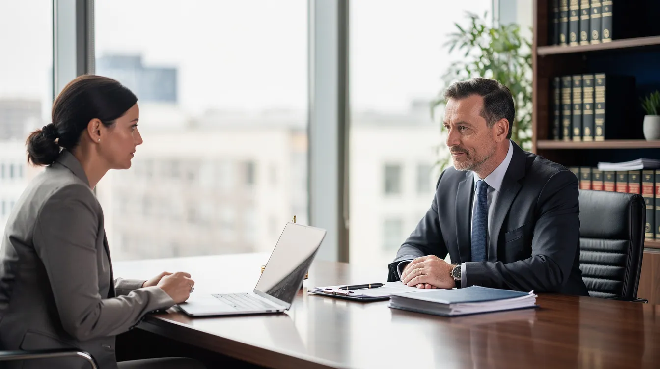 The image depicts a professional consultation in an office between an experienced workers compensation attorney and a client, discussing details related to a workers compensation claim. The setting conveys a sense of trust and support, essential for helping injured workers navigate the complexities of the workers compensation system.