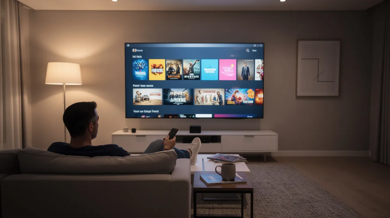 A person is sitting comfortably on a couch, using a remote control to browse through a variety of live TV channels on a large wall-mounted smart TV. The scene suggests a relaxing environment for enjoying uninterrupted streaming with a reliable internet connection.