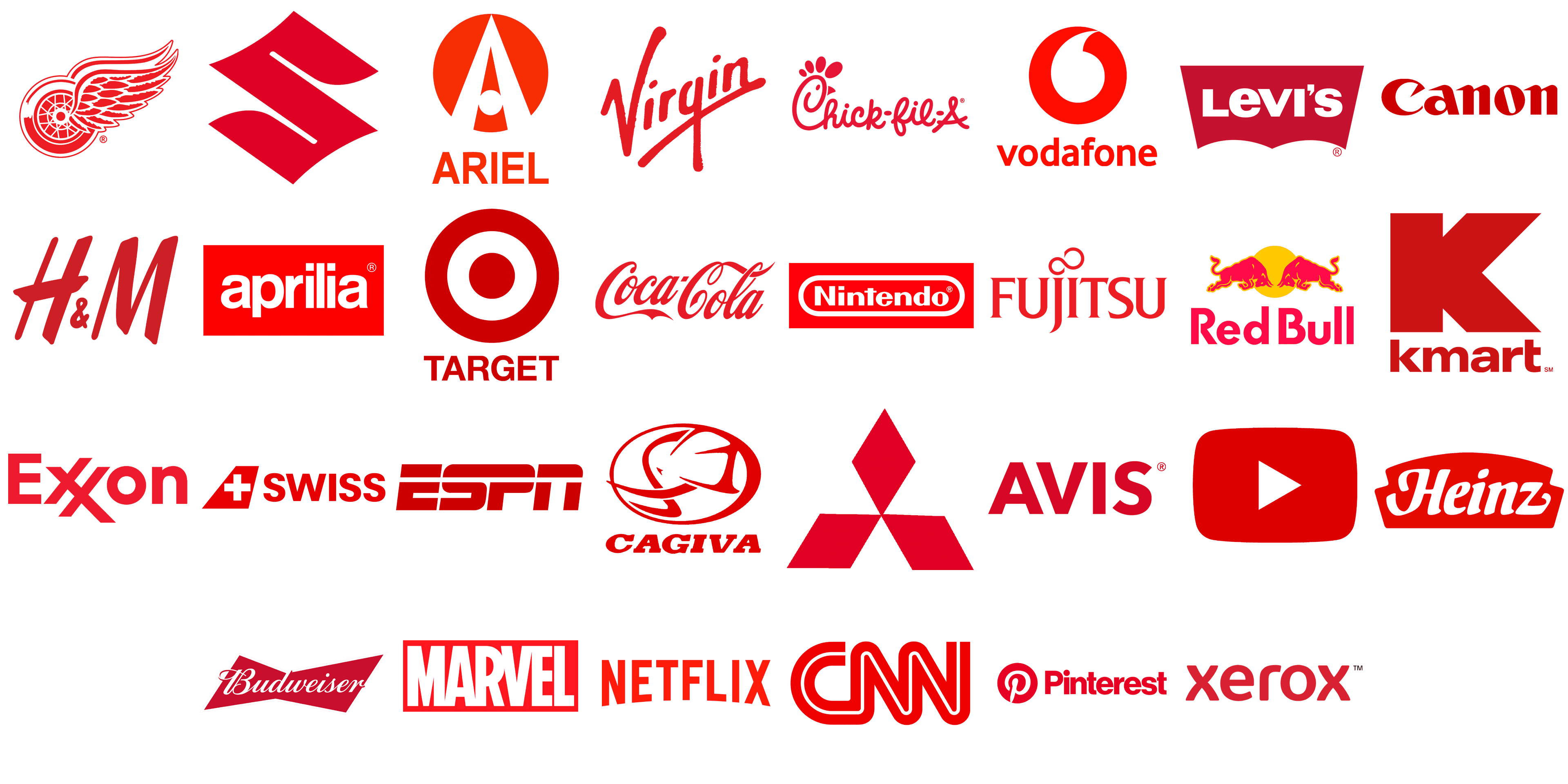Highly popular brands with red logos. 