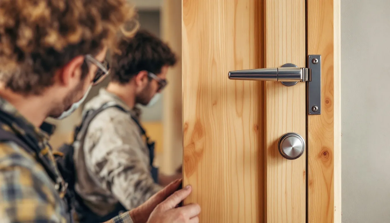 Final touches being applied to a newly installed door.