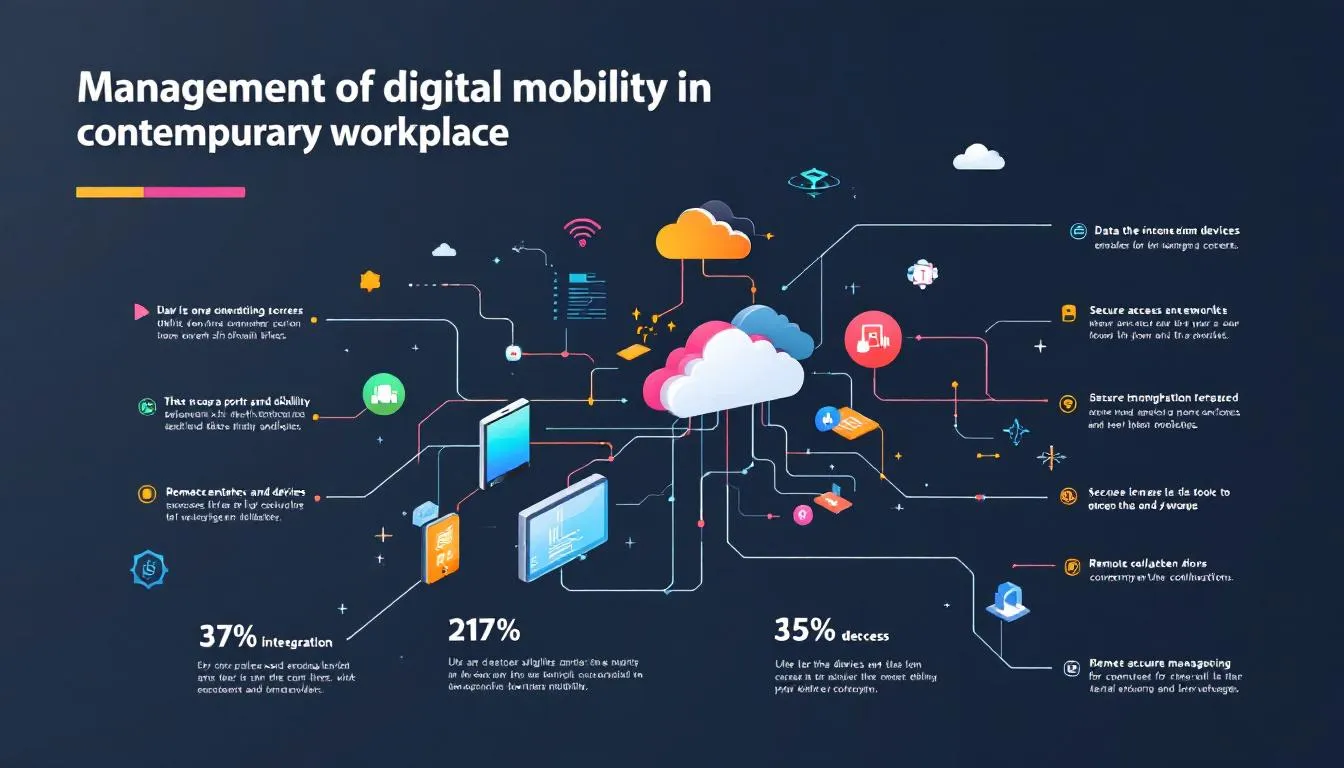 Une illustration montrant la gestion de la mobilit&eacute; informatique dans un environnement de travail moderne.
