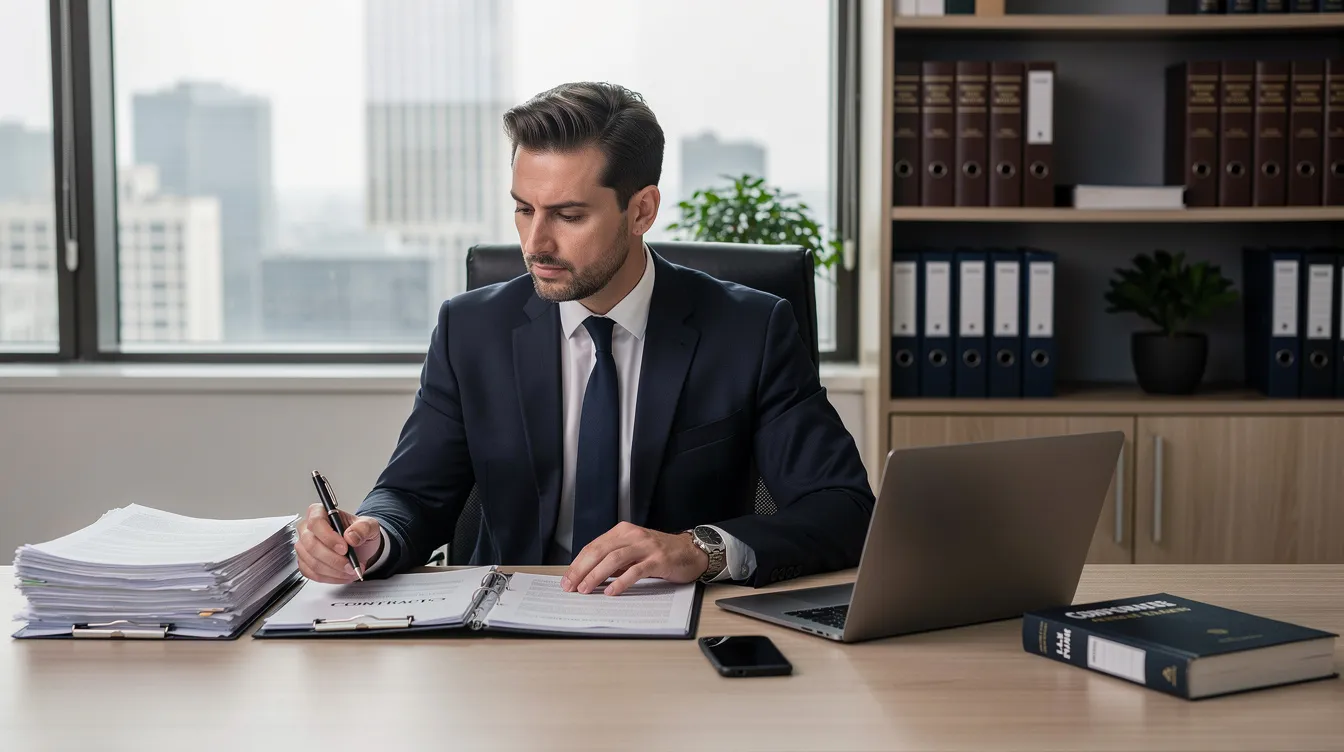 A professional attorney is seated at a desk in an office, meticulously reviewing documents related to social security disability claims, including medical records and treatment notes. The office setting conveys a sense of diligence and expertise in navigating the disability determination process for clients seeking social security disability benefits.