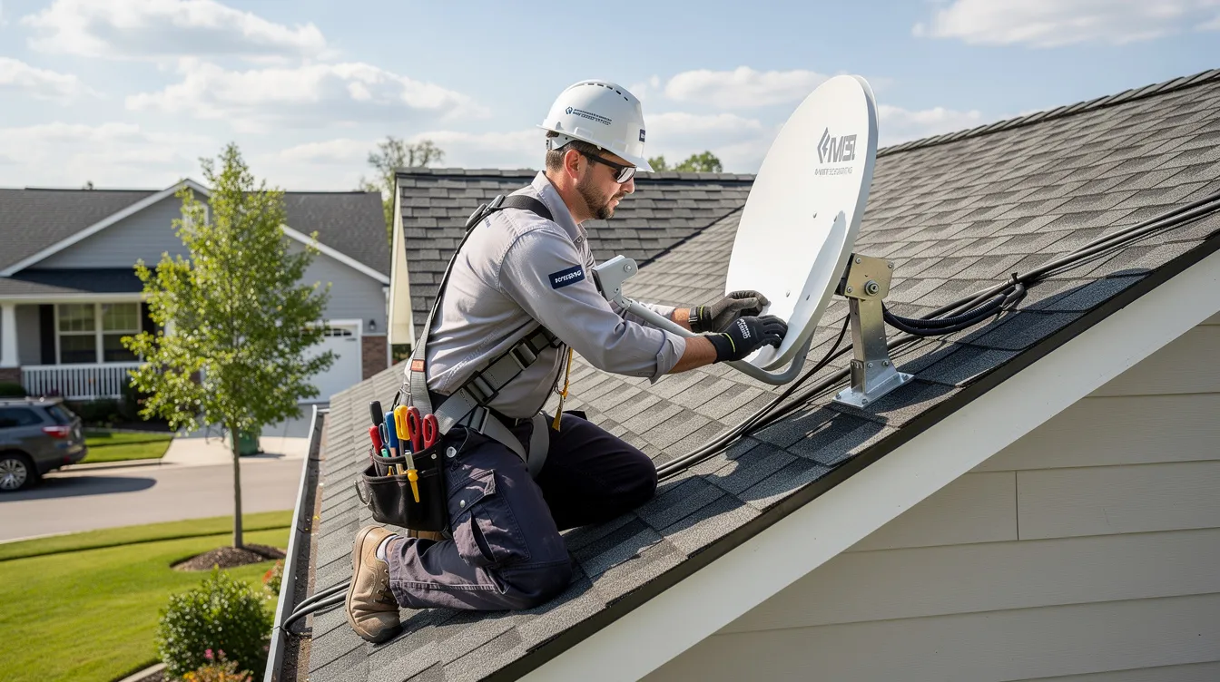 A professional technician is carefully installing a satellite dish on the roof of a residential home in Mowbray, showcasing expertise in DSTV installation services. The image highlights the technician's attention to detail, ensuring optimal signal reception for the DSTV system.