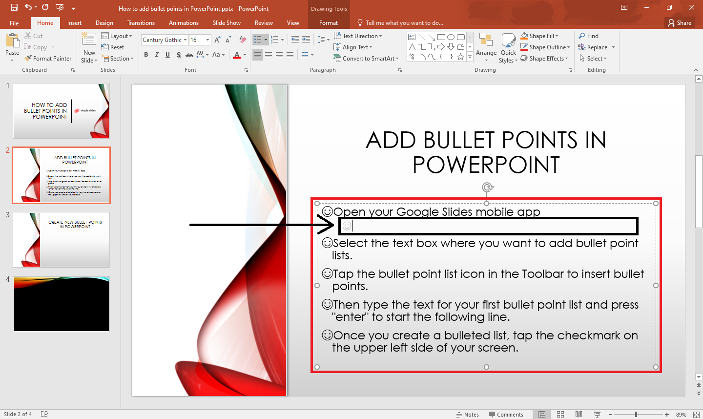 press tab click and you already have sub-bullet point in your PowerPoint presentation that is indented level.