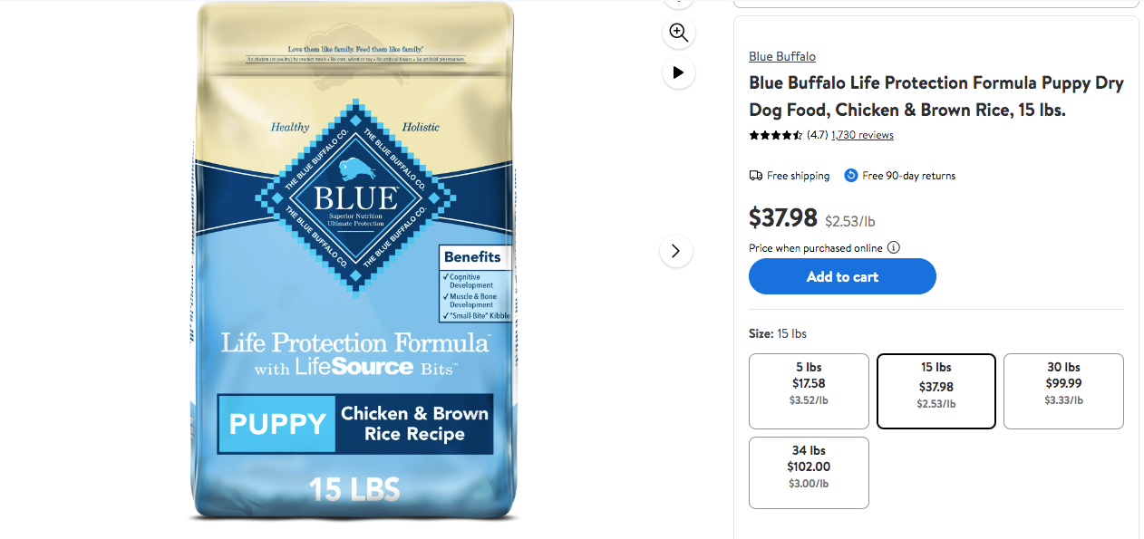 dog food listing title on walmart marketplace showing business details about the approval process