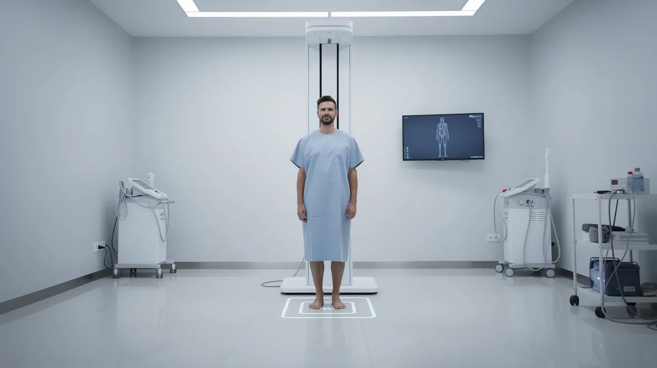A patient stands in a clean clinical room, preparing for a full-body medical imaging scan, which is essential for assessing spine health and supporting innovative approaches to spine surgery. The advanced imaging equipment reflects the latest technologies designed to improve patient care and surgical outcomes.