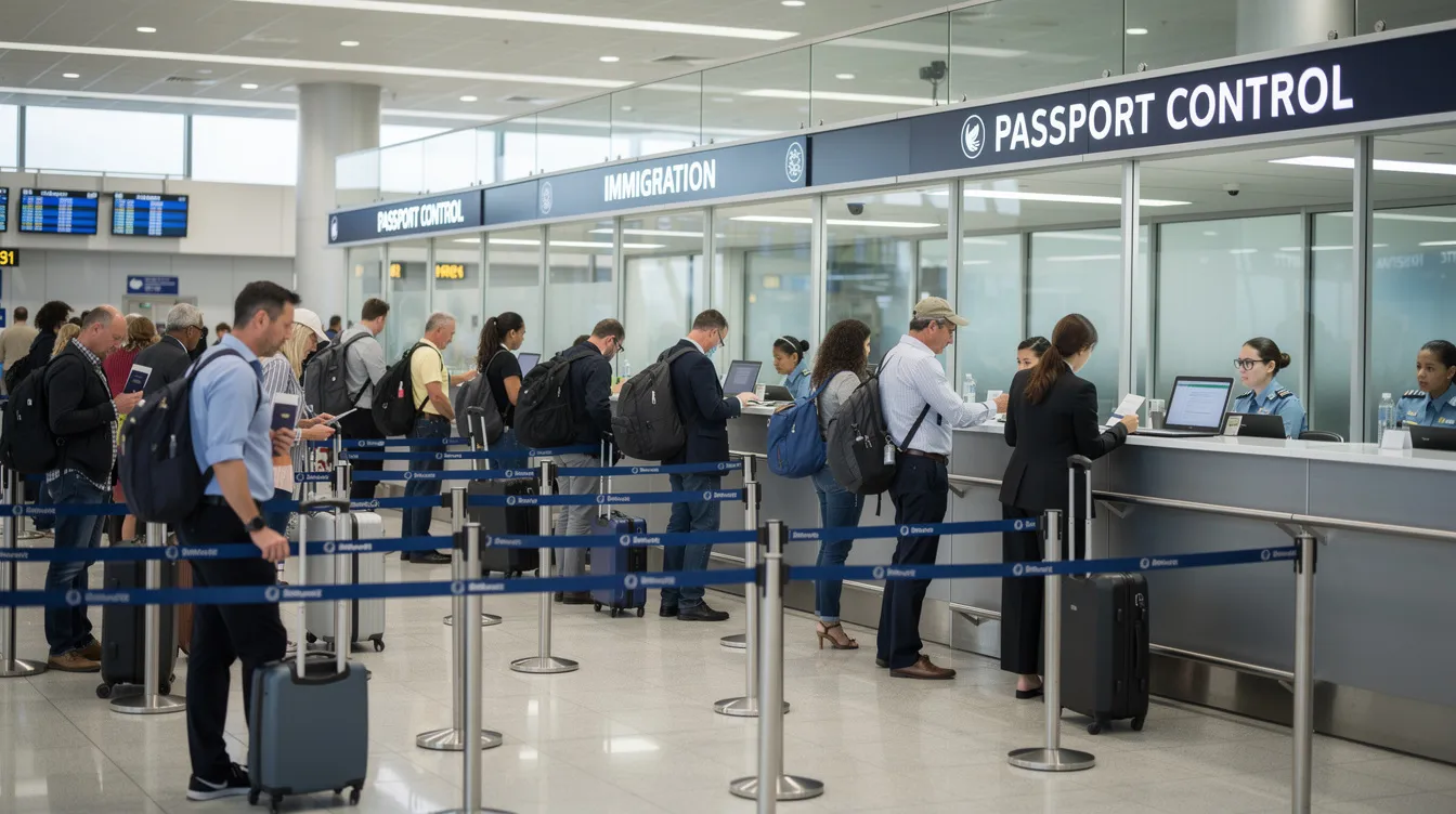 The image shows a busy airport immigration and passport control area filled with queues of travelers waiting to go through security barriers. This scene reflects the processes involved in immigration services, where individuals present their forms and visas to officials from the Garda National Immigration Bureau.