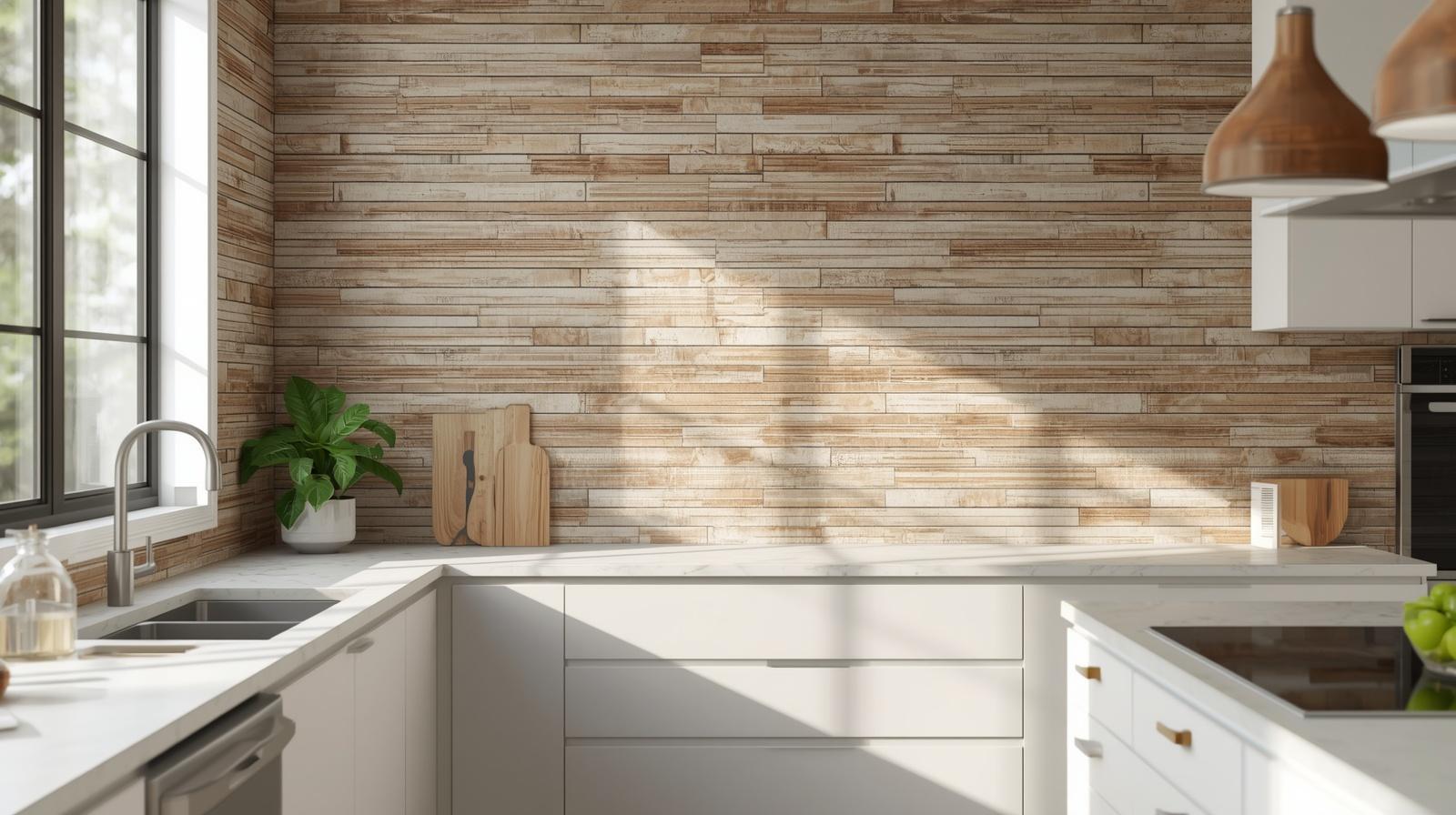 A modern and welcoming full family-style kitchen with a stacked tile backsplash with muted, earthy tones such as soft beige, warm taupe, and a subtle terracotta accent.
