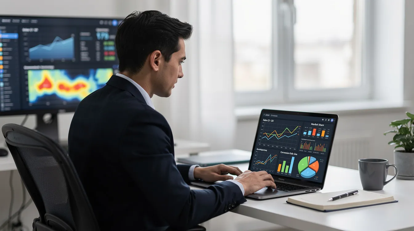 A professional is working on a laptop, surrounded by multiple excel charts and data visualizations displayed on the screen, which are linked to a source file for automatic updates. The dynamic reports illustrate the latest data, allowing for real-time insights while minimizing human error in the presentation.