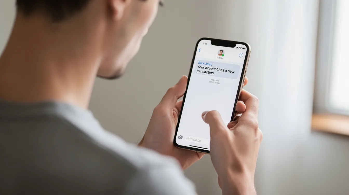 A person is holding a mobile phone and checking for an SMS notification from their bank regarding their loan status. This notification may relate to their eligibility for financial assistance under the mudra scheme, reflecting their satisfactory credit track record and previous loans.