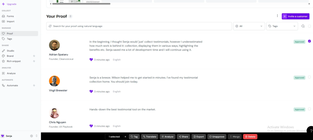 Senja testimonial management