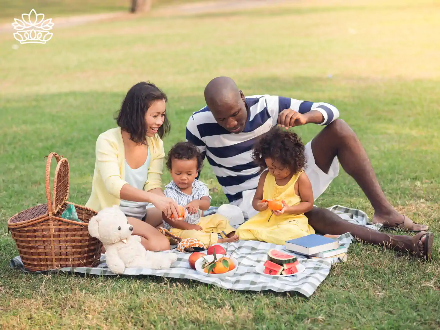 A family with young children enjoying a sunny picnic, with a stuffed teddy bear and a wicker basket filled with food. Fabulous Flowers and Gifts - Picnic Gift Baskets Collection.