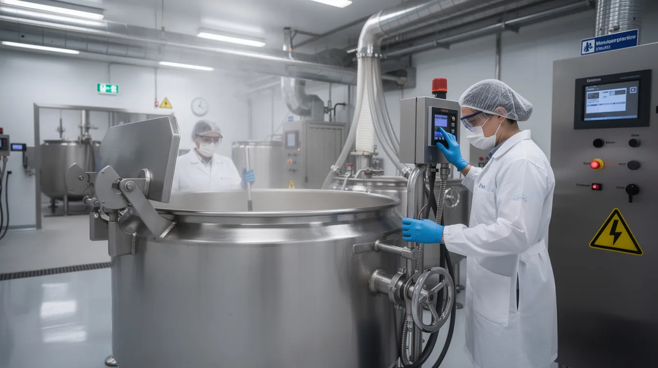 004ca489 404e 419d 9996 fedd69dd09c5 The image shows industrial food processing workers diligently operating large stainless steel vats in a clean factory environment, typical of a dairy processing plant where fresh milk is transformed into various dairy products. This setup highlights the importance of hygiene and efficiency in the dairy industry, particularly in milk production.