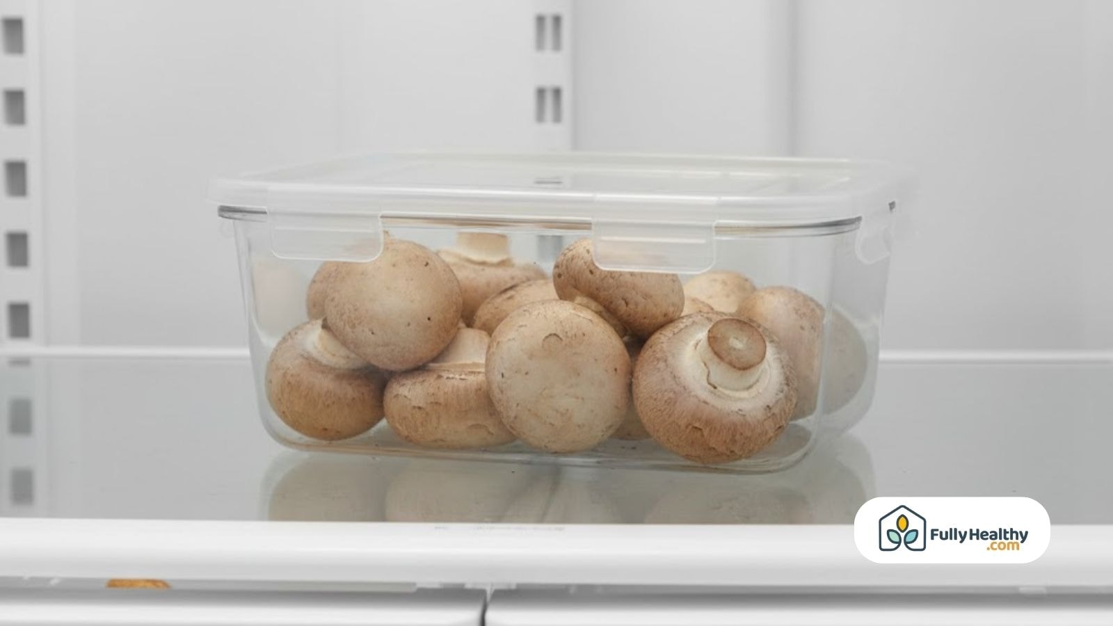 Whole mushrooms in a clear plastic container inside a refrigerator.