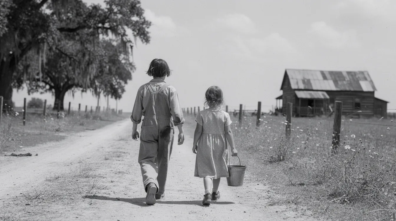 Two children, a young girl and her brother, stroll along a quiet rural road in the American South during the 1930s, evoking the themes of racial prejudices and moral courage found in Harper Lee's "To Kill a Mockingbird." Their innocent exploration reflects the societal norms and challenges faced by characters like Scout Finch and Tom Robinson in their fictional town of Maycomb County.