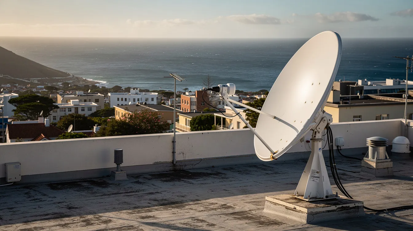 A professional satellite dish is installed on a rooftop in Cape Town, overlooking the ocean, showcasing a clean setup with minimal cable clutter. This installation is designed for optimal signal reception, potentially integrating a DSTV decoder and fiber cabling for enhanced service distribution across the premises.