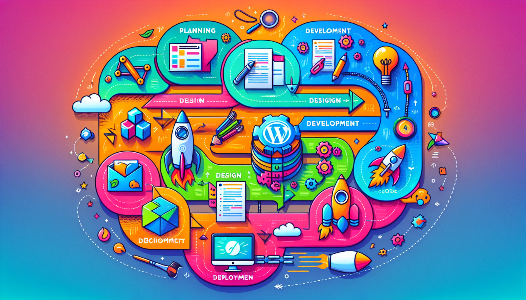 An illustration depicting the process of outsourcing WordPress projects, from design to deployment outsourcing the entire WordPress project.