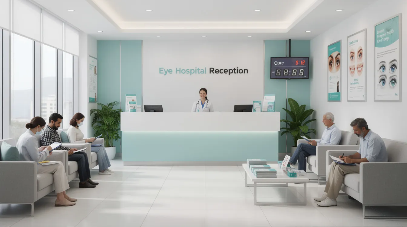 The image depicts a well-organized eye hospital reception and waiting area featuring modern furniture, where patients can comfortably wait for their appointments. The space is designed to serve various eye conditions, with displays of ophthalmology equipment and informational posters about treatments like glaucoma and diabetic retinopathy.