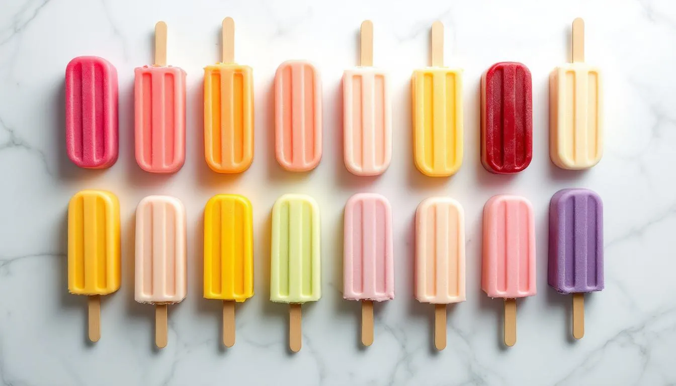 A variety of colorful low calorie ice cream bars are beautifully arranged on a white marble surface, showcasing flavors like chocolate, strawberry, and mango. These delicious frozen treats, featuring creamy textures and vibrant colors, offer a delightful selection of light ice cream options for a guilt-free indulgence.