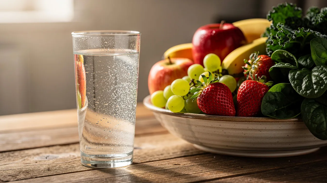 The image depicts a clear glass of water placed next to a bowl filled with an assortment of fresh fruits and leafy greens, all resting on a rustic wooden table. This vibrant arrangement suggests a focus on digestive health and gut motility, emphasizing the importance of hydration and a balanced diet in maintaining a healthy digestive system.
