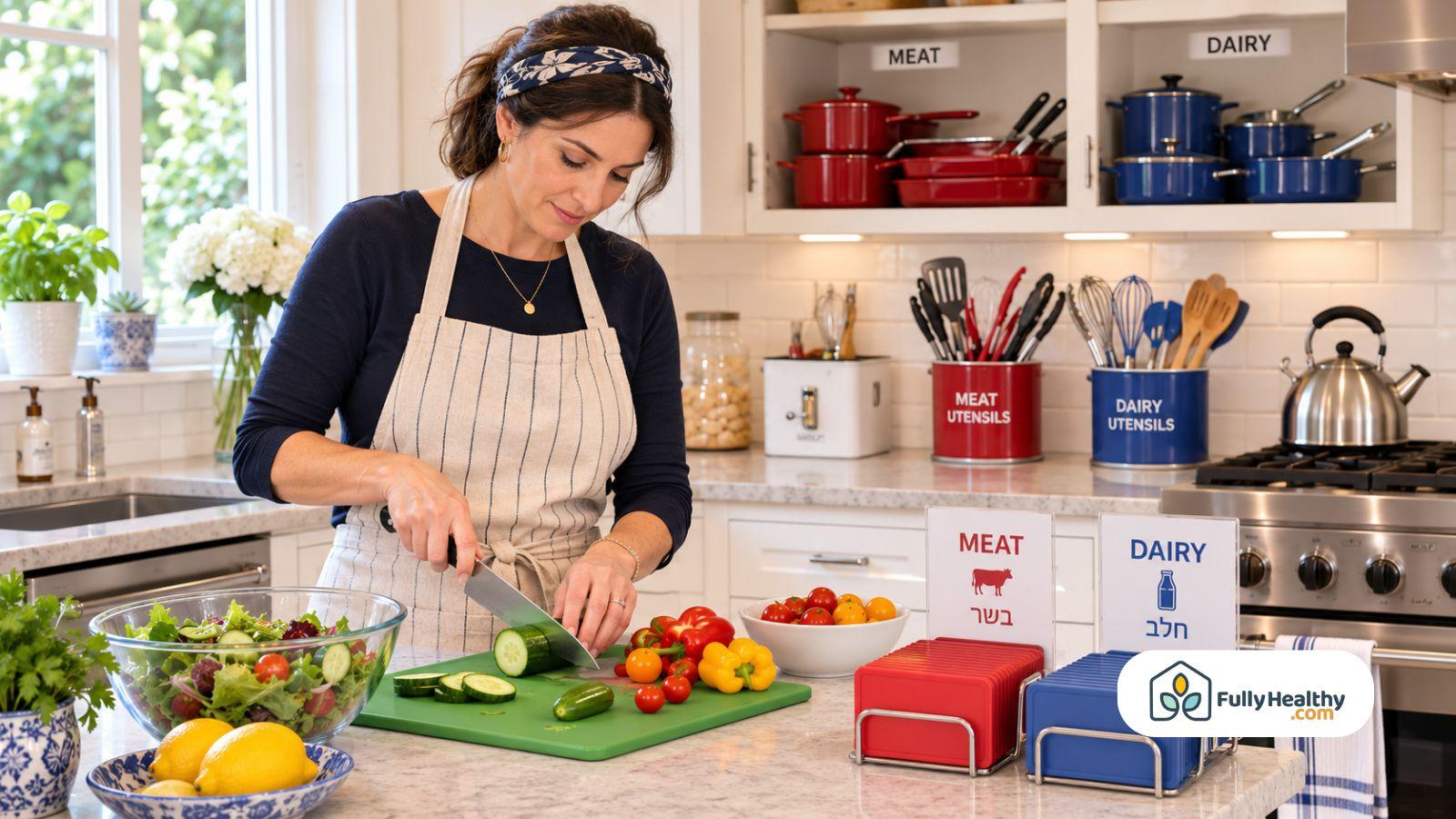 Organized kosher kitchen with separate meat and dairy utensils for meal preparation