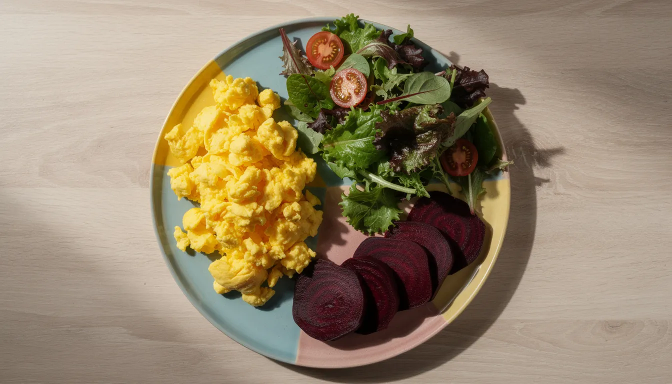 The image features a vibrant plate filled with fluffy scrambled eggs, a fresh leafy green salad, and beautifully sliced beets, showcasing a colorful and nutritious meal that supports overall health and cellular energy. This dish can complement a diet that includes supplements like liposomal NMN and TMG for enhancing methylation processes and promoting cognitive function.