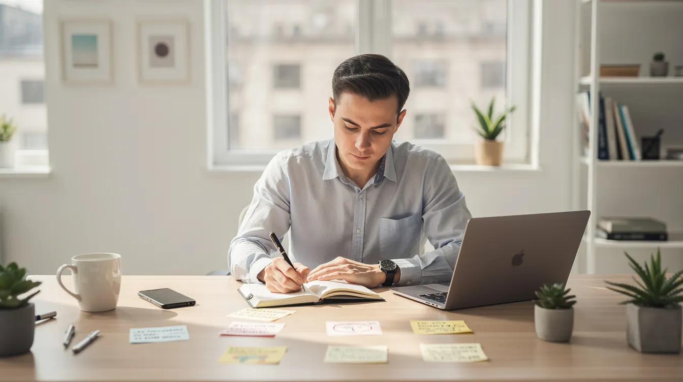 Eine Person sitzt an einem modernen Schreibtisch und brainstormt mit einem Notizbuch und Laptop Ideen für Blogbeiträge. Der helle Arbeitsplatz schafft eine inspirierende Atmosphäre, um kreative Inhalte für ihre Zielgruppe zu entwickeln.