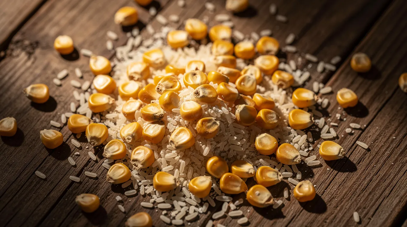 0055c8b8 c5bf 4072 9368 a5b4969ca598 The image features a close-up view of dried maize kernels and broken rice grains scattered across a wooden surface, highlighting the raw materials often used in ethanol production. These grains are essential feedstocks in the agricultural sector, contributing to the overall efficiency and profitability of ethanol manufacturing plants.