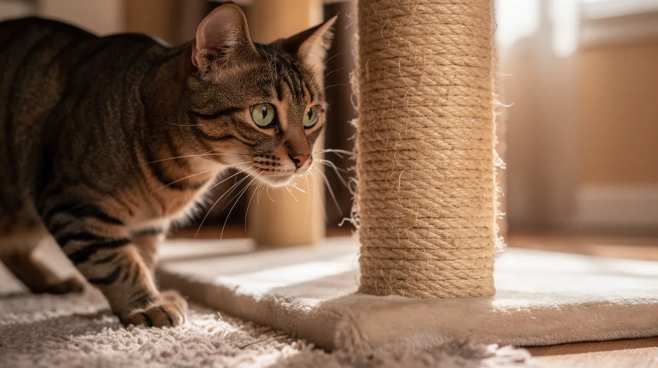 A curious tabby cat is cautiously approaching a new cat tree, sniffing the sisal-wrapped scratching post, which is designed for climbing and lounging. The sturdy materials and stable structure of the cat furniture provide a safe environment for kitties to explore and play.