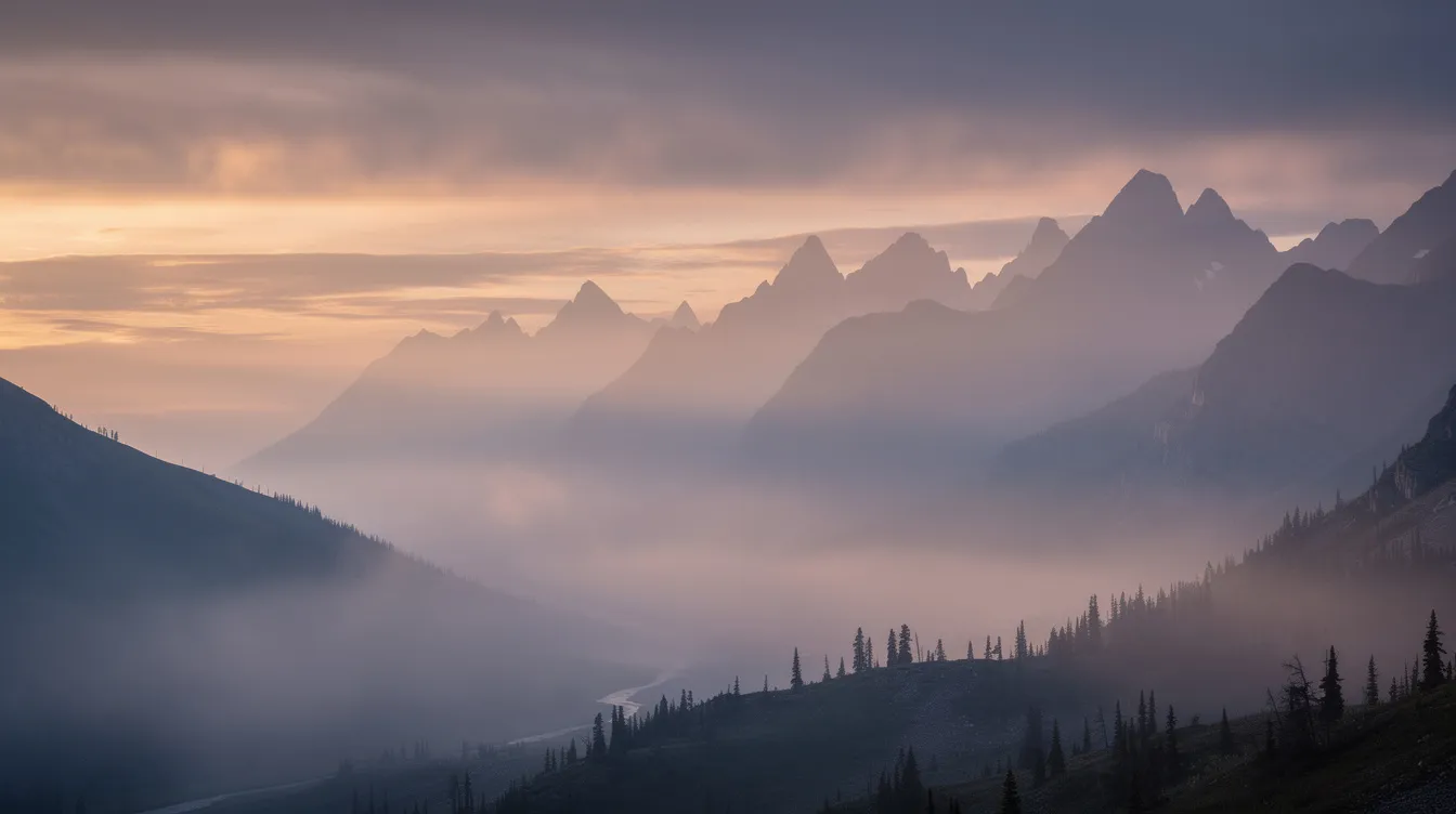 The image depicts a hazy mountain landscape in Alaska at sunset, with smoke settling in the valleys, suggesting the presence of wildfires in the region. This scene highlights the impact of fire behavior on the environment, as seen in the visible smoke and the fading sunlight illuminating the rugged terrain.