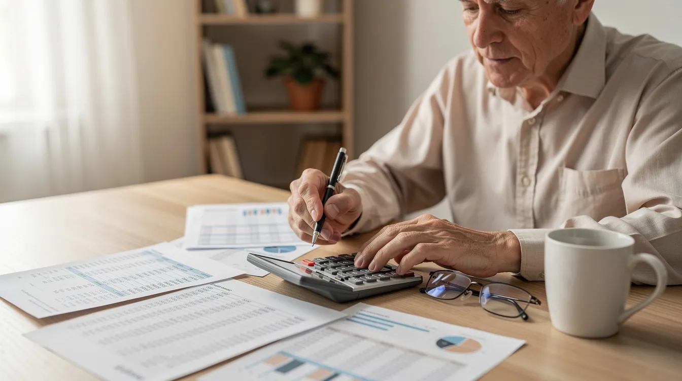 An older person is seated at a desk, focused on reviewing financial documents while using a calculator. The scene suggests a consideration of various financial aspects, possibly including workers compensation benefits and their tax implications.