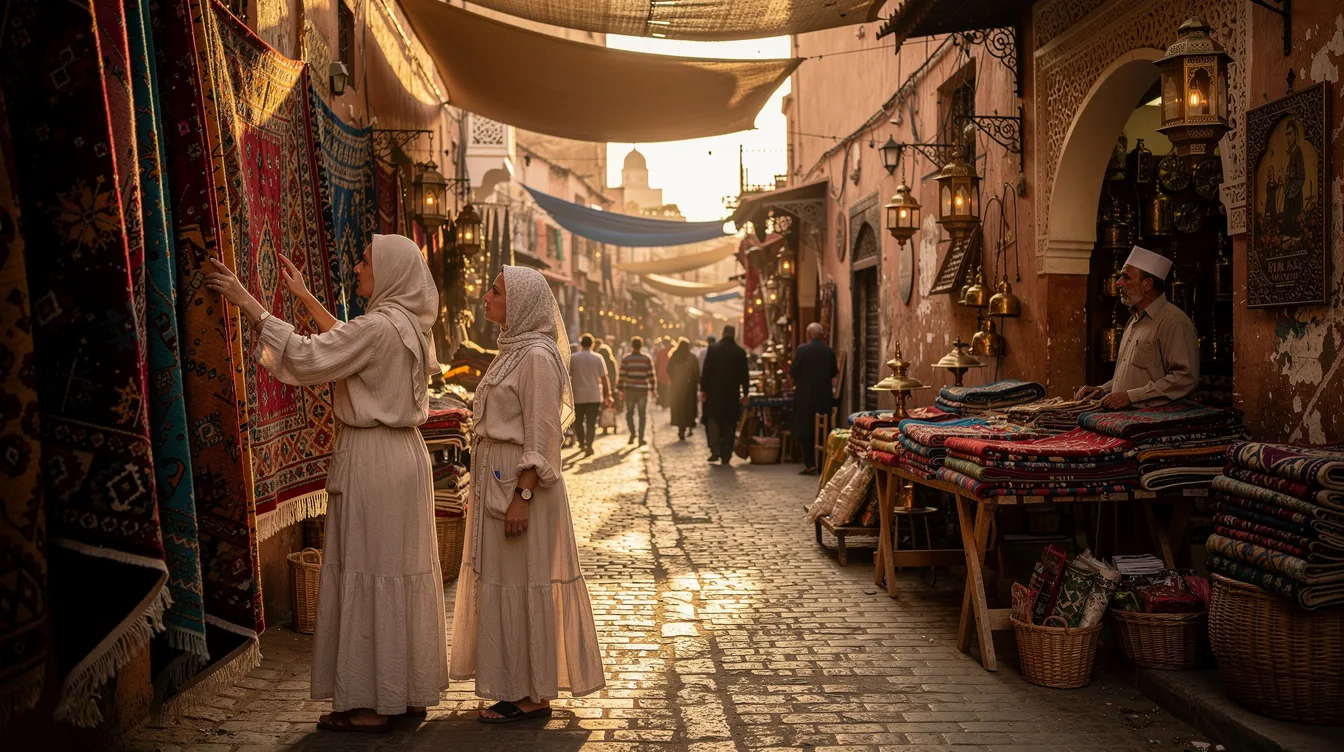 A group of local women dressed in loose, flowing clothing are browsing vibrant textiles in a bustling Moroccan market, surrounded by the lively atmosphere of fellow female travelers and shop owners. The scene captures the essence of Moroccan culture as these women engage with the colorful fabrics, reflecting the rich traditions of this North African country.