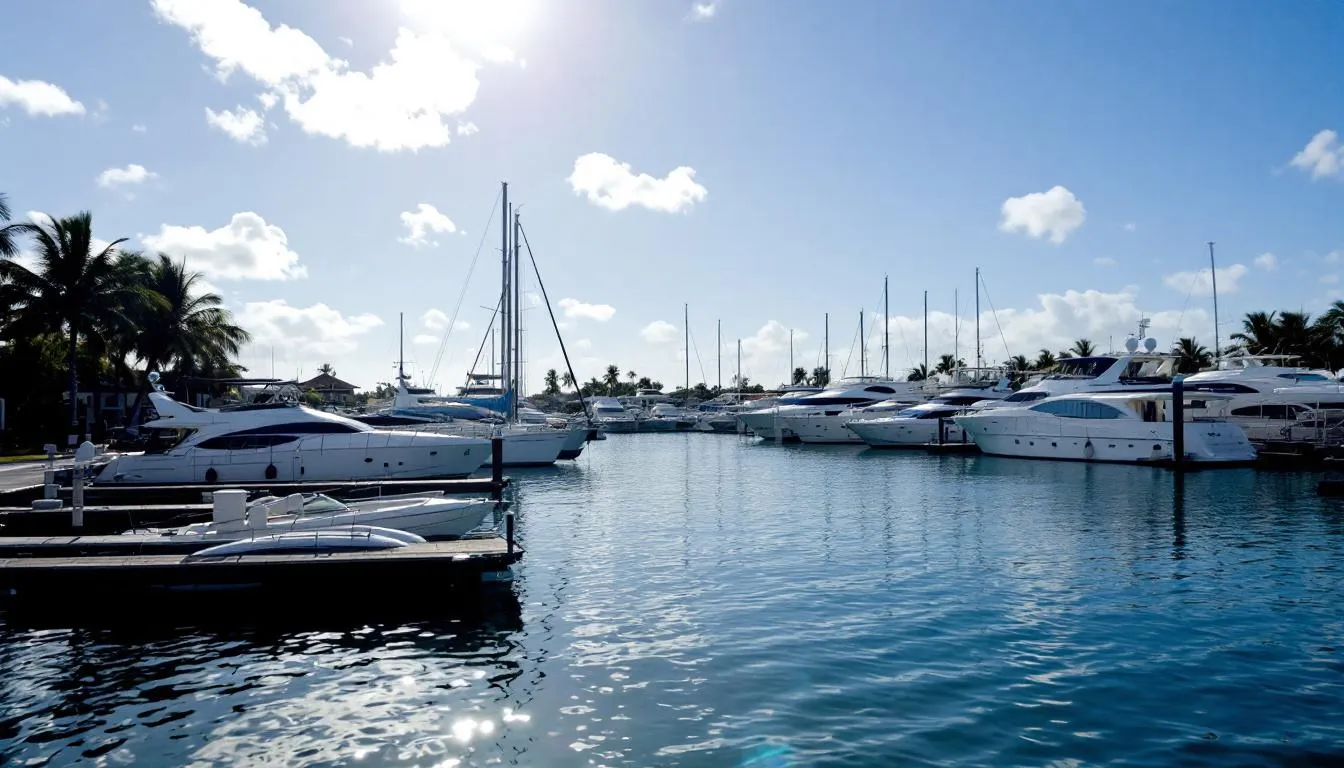 The image showcases a vibrant marina at South Marco Island, filled with various boats and luxury yachts docked along the waterfront, surrounded by breathtaking views of the Gulf. This picturesque scene embodies the essence of island living in Southwest Florida, making it an ideal spot for residents and visitors to explore the beauty of Marco Island and its community amenities.