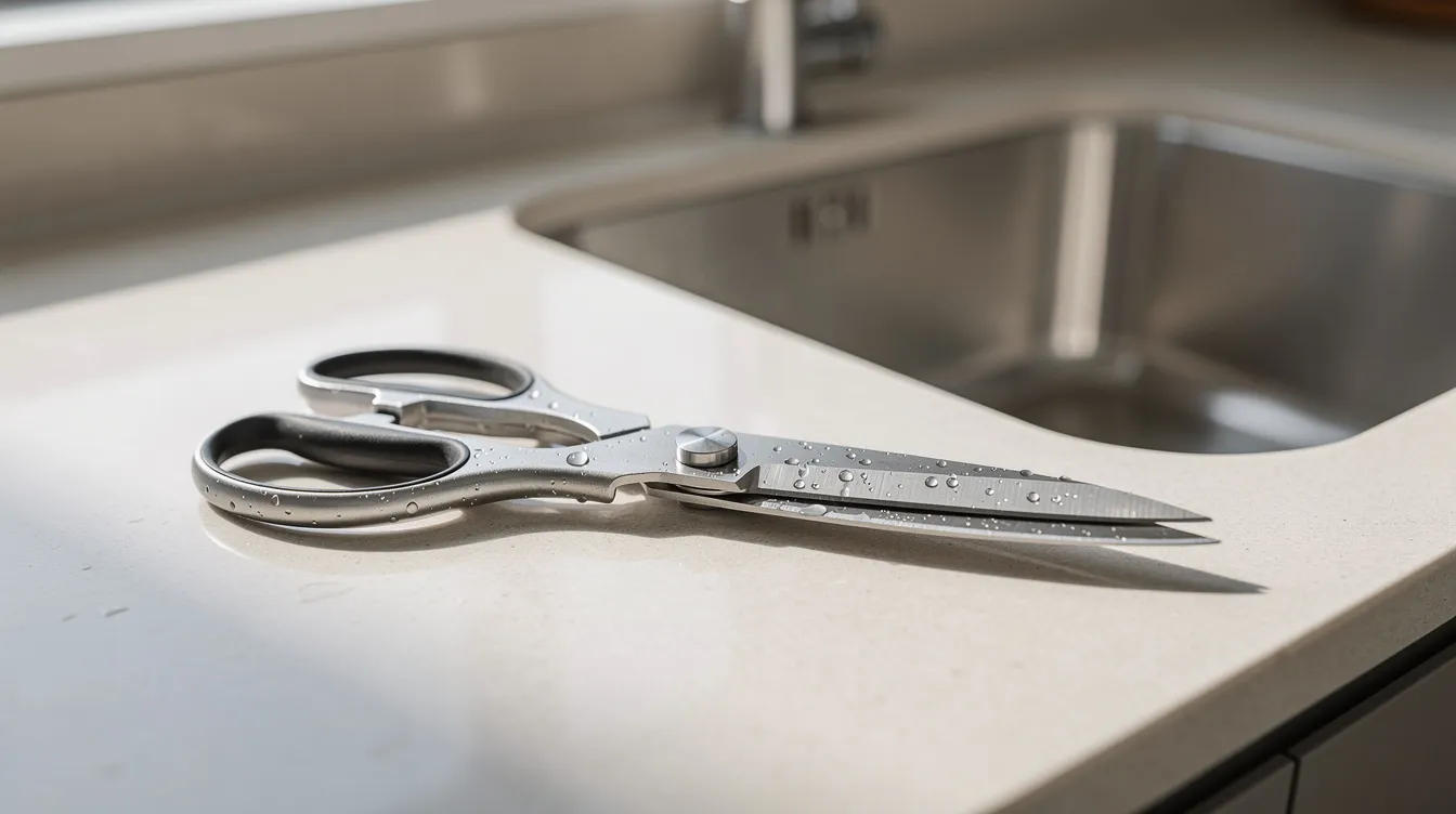 The image shows a pair of stainless steel kitchen shears with sharp blades, separated for washing on a clean countertop. These tested kitchen shears are designed for various kitchen tasks, including cutting meat and snipping herbs, and are easy to clean.