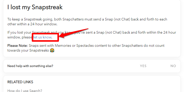 The let me know hyperlink on the snapchat support page