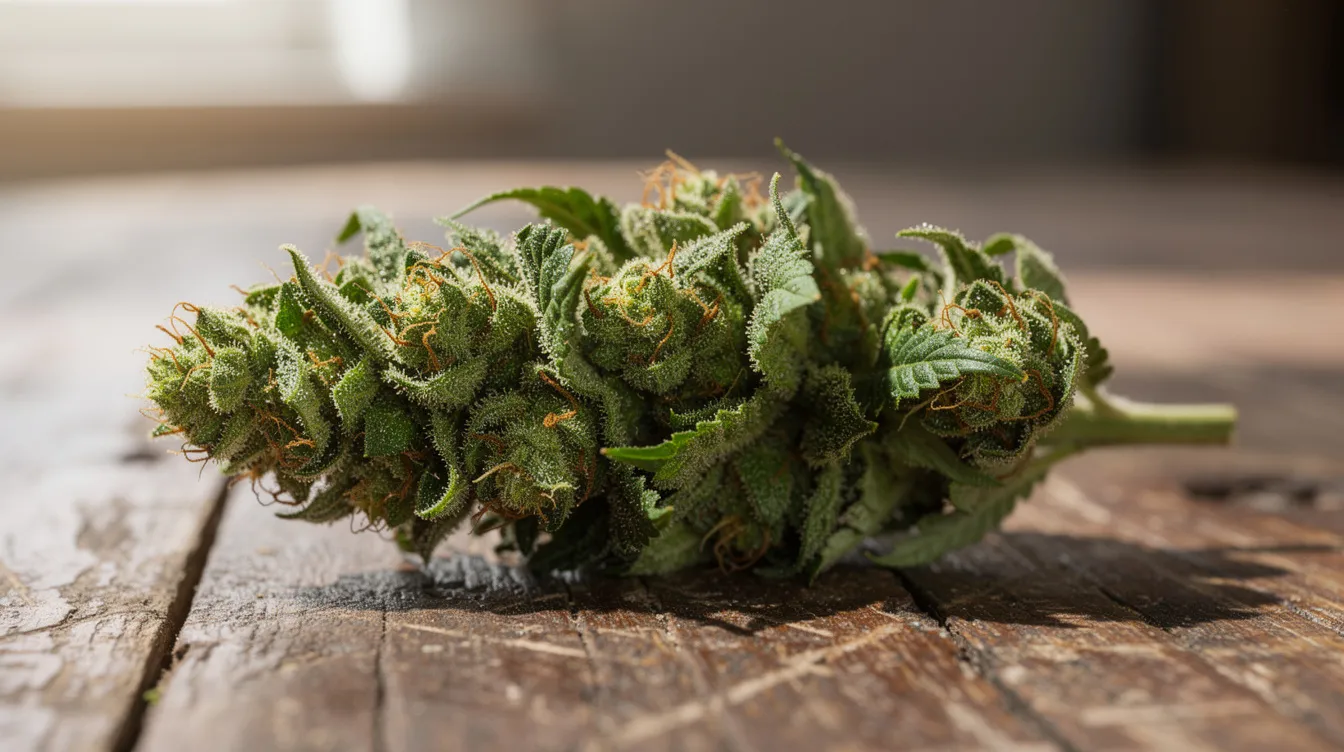 A close-up view of fresh green cannabis buds rests on a rustic wooden table, illuminated by natural light, highlighting the intricate details of the cannabis flower. This image evokes the essence of the hemp industry, showcasing a potentially intoxicating hemp product that may be relevant for those exploring the legal status of cannabis in Maine.