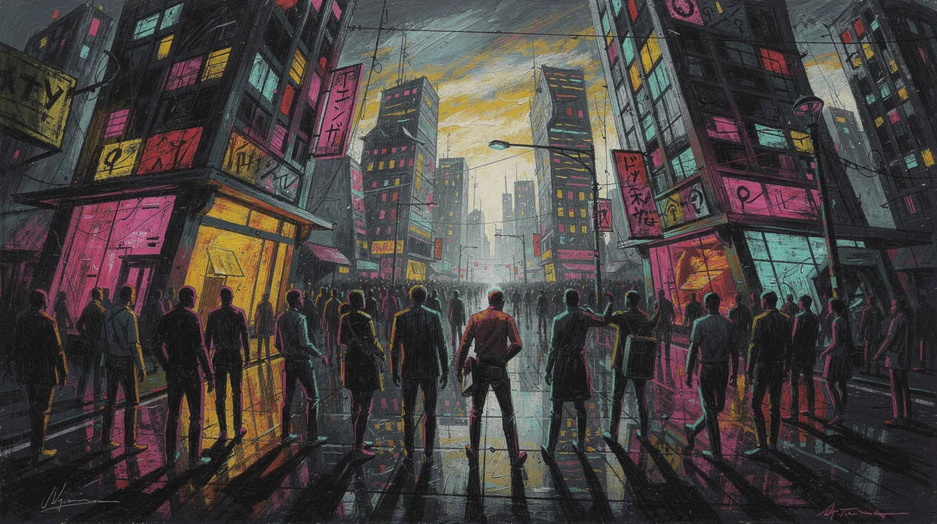 Die expressionistische Stadtlandschaft zeigt verzerrte Gebäude in grellen Farben, umgeben von anonymen Menschenmassen auf einer belebten Straße. Diese Darstellung spiegelt die Emotionen und Erfahrungen der Epoche wider, die oft von Isolation und Angst geprägt waren.