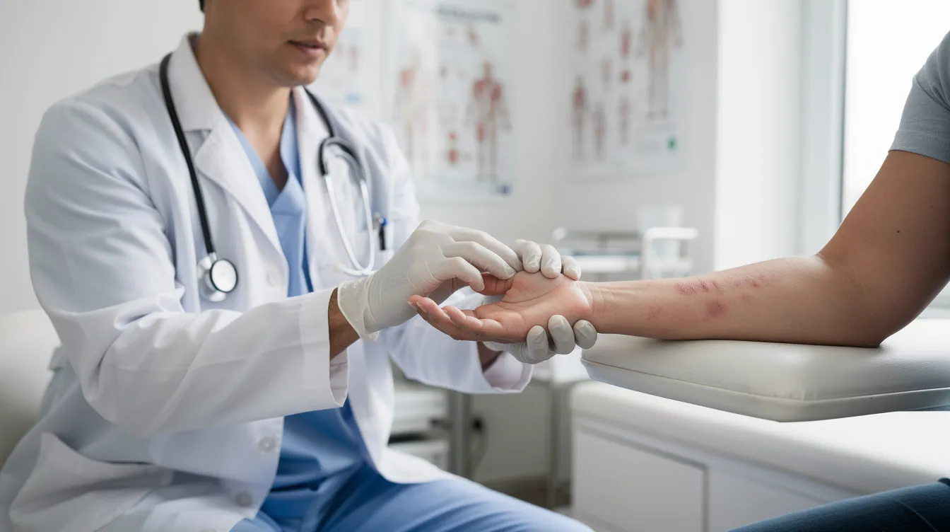 A physician is examining a patient's hand and forearm in a clinical setting, focusing on assessing pain signals related to chronic pain conditions. The interaction highlights the importance of pain management and potential treatments, such as spinal cord stimulation, for patients suffering from complex regional pain syndrome.