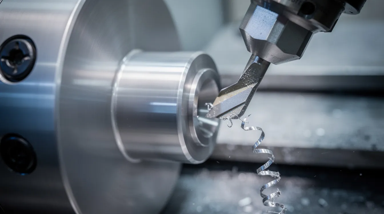 A close-up image of a CNC lathe in operation, showcasing a polished stainless steel shaft being turned while metal chips curl away from the cutting tool. This scene highlights the precision and efficiency of the CNC machining process in modern manufacturing.