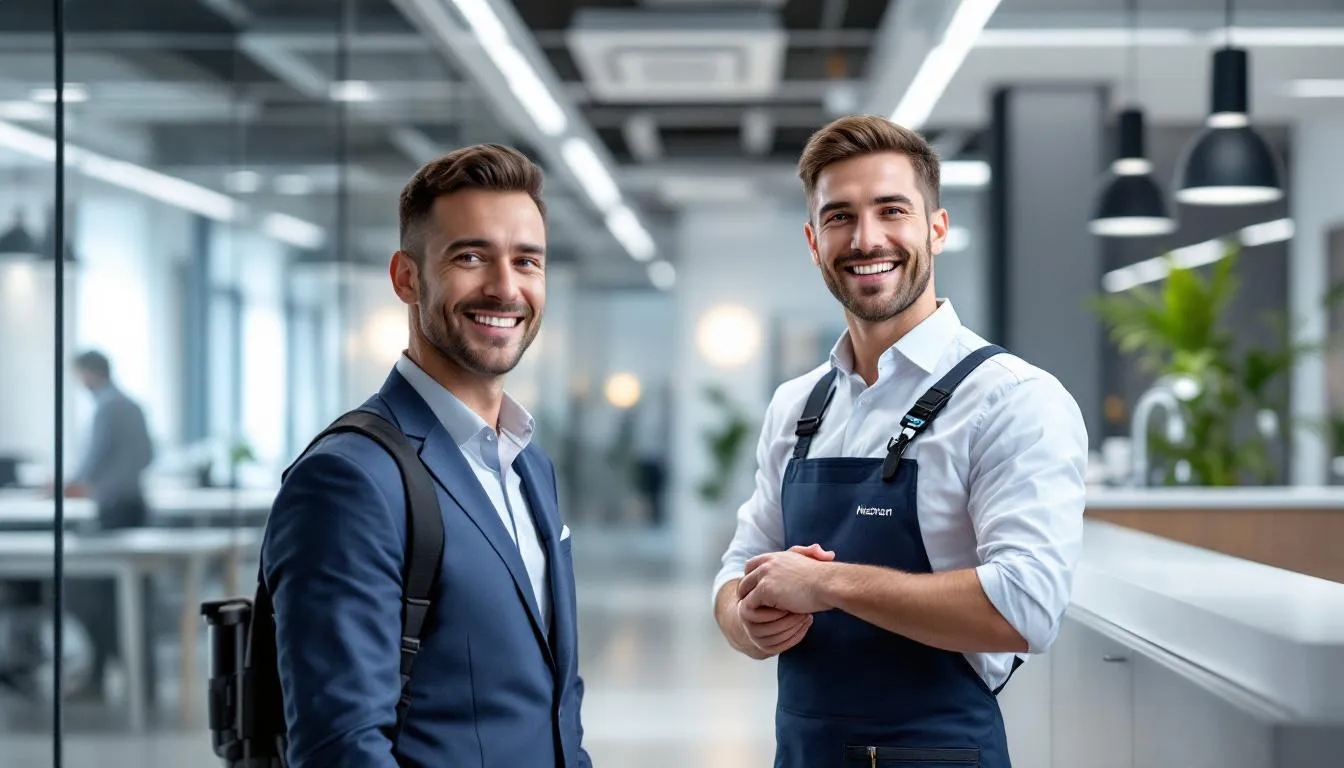 A satisfied customer interacting with a professional cleaner, showcasing customer satisfaction.